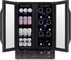 NewAir 24" Dual Zone Wine and Beverage Refrigerator, 18 Bottle & 58 Can, French Door Built-In Fridge with Lock, Black Stainless Steel Cooler, Digital Thermostat, Adjustable Shelves