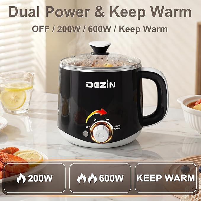Dezin Hot Pot Electric with Steamer, Rapid Noodles Cooker, Stainless Steel Electric Pot 1.6 Liter, Perfect for Ramen, Egg, Dumpling, Soup, Oatmeal with Temperature Control and Keep Warm Function