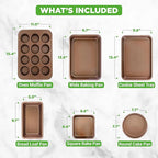 NutriChef 6-Piece Nonstick Bakeware Set, Carbon Steel Baking Pans Set, Includes Cookie Sheets, Wide & Square Bake Pans, Bread Loaf & Round Cake Pan, Muffin Pan - Gold