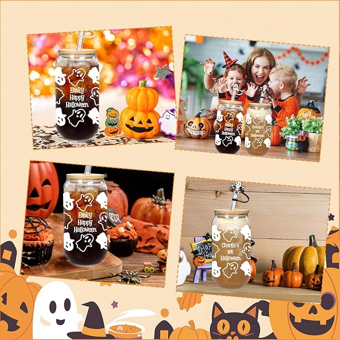 ANOTION Personalized Halloween Cups Glass-Boo Basket Stuffers- Ghost Decorations Glass Cups Tumbler 18OZ -Halloween Gifts for Friend Son Daughter