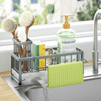 HapiRm Sponge Holder for Kitchen Sink - Self-draining Sink Caddy with Brush and Dishcloth Holders, Stainless Steel Kitchen Organizer for Countertop - Grey