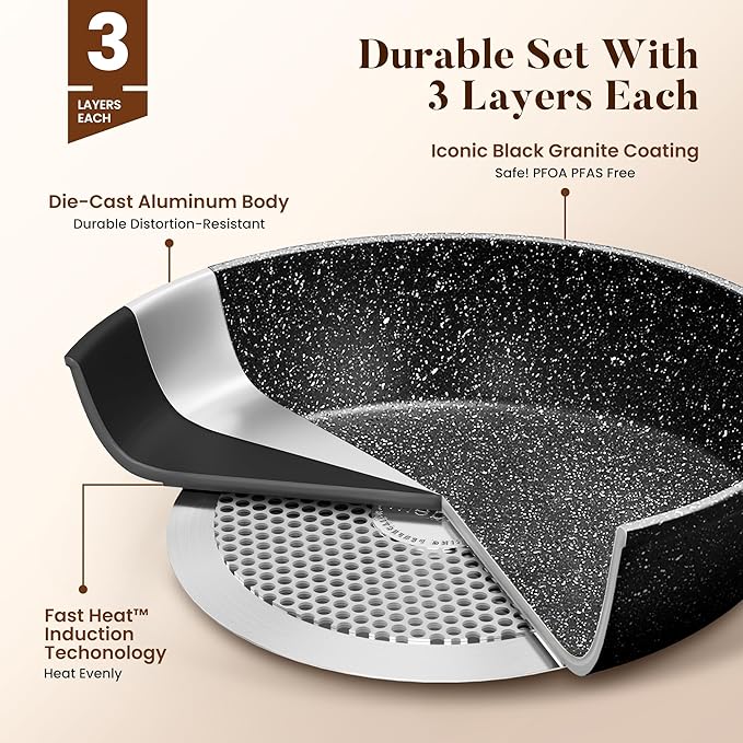 Kitchen Academy 17Pcs Induction Cookware Sets, Granite Pots and Pans Set Non Stick, Black Kitchen Cooking Pans, PFOA & PFOS Free