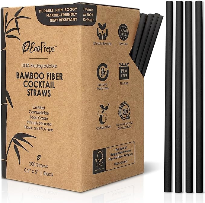 5” Short Biodegradable Bamboo Fiber Cocktail Straws | 200 Count, 100% Compostable, Plastic-Free, Eco-Friendly Drinking Straws | 5-Inch, Heat-Resistant PHA Coffee and Cocktail Stirrers (Black)
