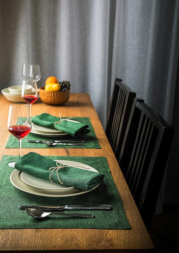 Solino Home Linen Placemats Set of 4 - Forest Green Placemats 14 x 19 Inch - 100% Pure Linen Table Mats for Winter, New Year - Athena