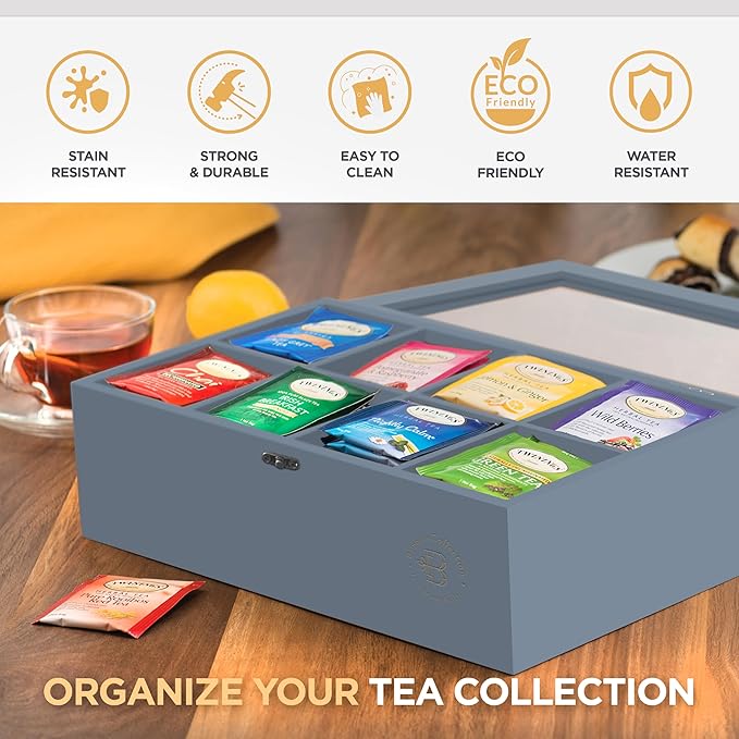 Tea Bag Organizer - Grey Bamboo Tea Box Organizer Storage Box, Tea Bag Holder with Acrylic Window, Magnetic Lid Keeps Tea Bags Fresh - Tea Organizer Caddy (Tea Not Included) Christmas Gift - Gray