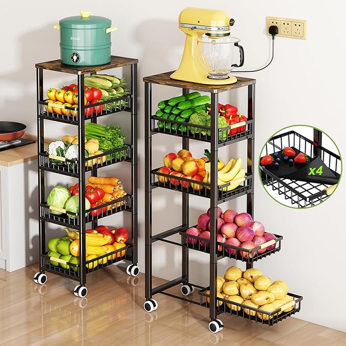 Fruit Vegetable Storage Basket for Kitchen, 5 Tier Large Pull-Out Metal Wire Baskets with 4 Pack Mats Bottom, Wood Top and Wheels, Vegetable Produce Bins Stand Cart Rack for Onions and Potatoes