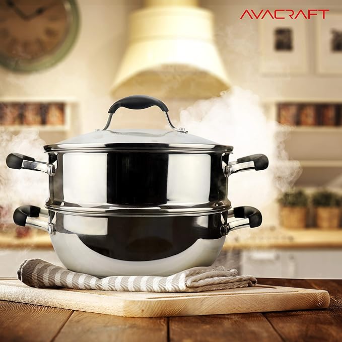AVACRAFT 18/10, 3 Piece Stainless Steel Steamer Cooking Pot & Pan Set with Glass Lid, Momo Maker, Induction