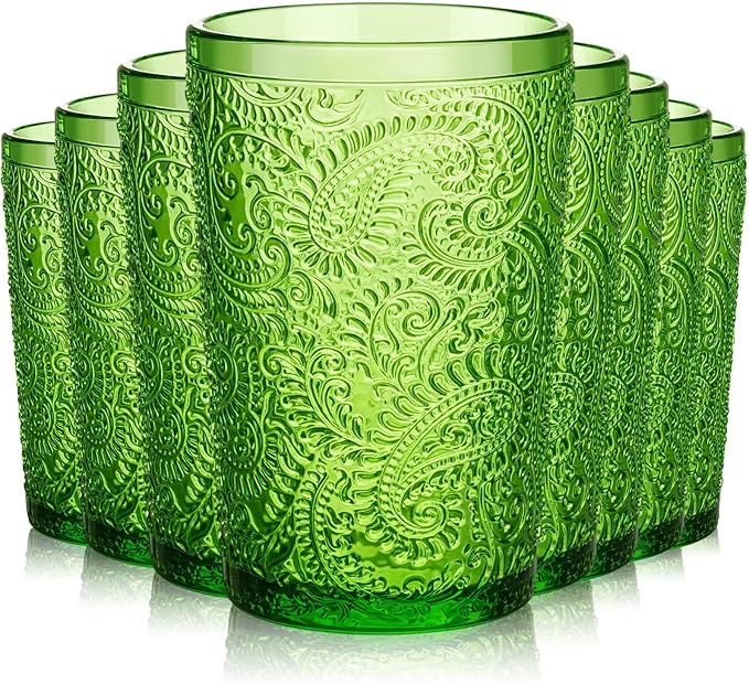 Reallnaive Green Drinking Glasses Set of 8, Boho Aesthetic Vintage Glassware Fern Paisley Carving Textured Tumbler Water Cups Embossed Pattern Drinkware Cocktail Set for Xmas Gifts(13 oz,Highball)