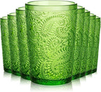 Reallnaive Green Drinking Glasses Set of 8, Boho Aesthetic Vintage Glassware Fern Paisley Carving Textured Tumbler Water Cups Embossed Pattern Drinkware Cocktail Set for Xmas Gifts(13 oz,Highball)