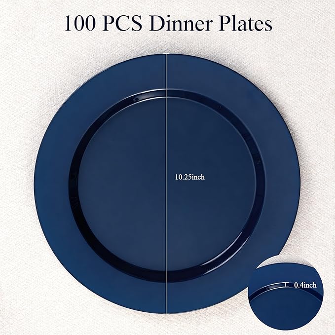 Goodluck 100PCS Navy Blue Plastic Plates, 10.25 Inch Dinner Plate Heavy Duty Disposable Plastic Plates for 100 Guests Party, Wedding, Birthday & Daily Use and New Year Events