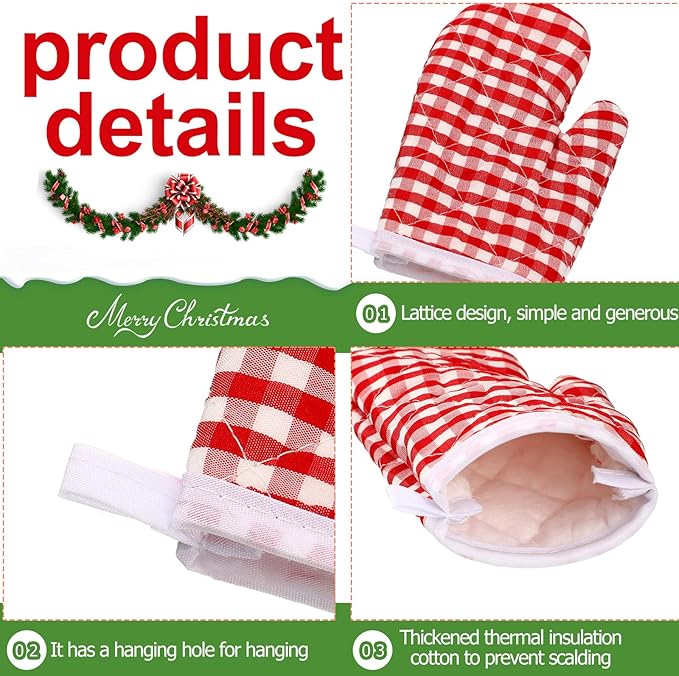 12 Pcs Kids Oven Mitts Toddler Oven Mitts Children Heat Resistant Kitchen Mitts Checkered Kitchen Oven Gloves Kids for Cooking Baking Microwave Child Play BBQ Grilling, Age 2-10(Red)
