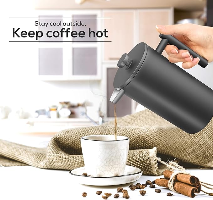 Utopia Kitchen 304 Grade Stainless Steel French Press Coffee Maker 50 Oz, Double Wall Insulated Coffee Press with 4-Level Filtration system, Include 2 Extra Filters, Rust-Free, Black