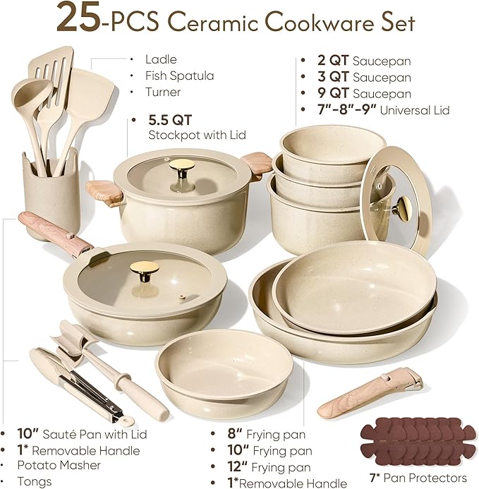 CAROTE 25PCS Ceramic Cookware Set, Pots and Pans set Non Stick, RV Kitchen Cooking Set Removable Handles, Oven Safe, Induction Cookware, Non-toxic Kitchen Cooking Set, PFAS and PFOA Free