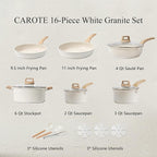 CAROTE 16 Piece Pots and Pans Set Nonstick, White Granite Cookware Sets Induction Cookware, Non Stick Cooking Set w/Frying Pans & Saucepans (PFOS, PFOA Free)