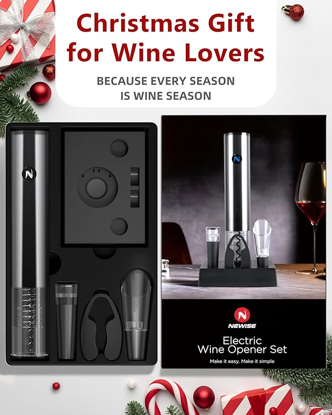 Rechargeable Electric Wine Opener with Charging Base, Aerator Pourer, Vacuum Stoppers & Foil Cutter, Luxury Christmas White Elephant Gift for Women Men