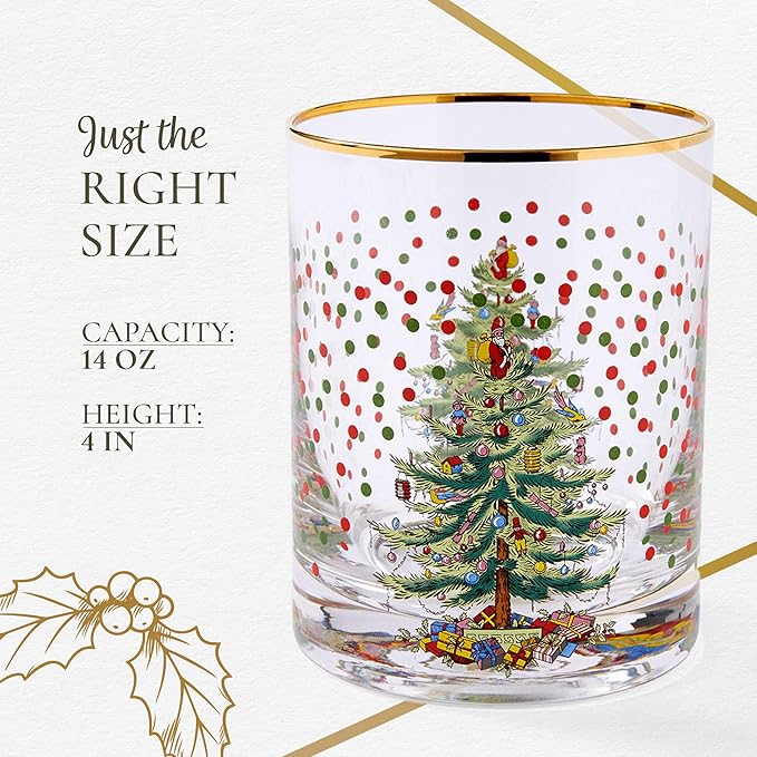 Spode Christmas Tree 14 Fl. Oz. Double Old Fashion Glass (Set of 4), Polka Dot - Whiskey & Bourbon Glasses for Festive Entertaining, Old-Fashioned & Rocks Glasses for Holiday Drinks (Pack of 2)