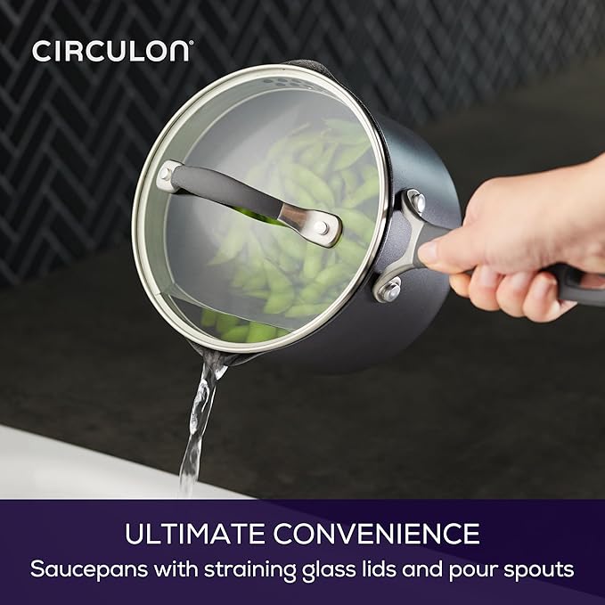 Circulon A1 Series w/ScratchDefense Nonstick Induction Straining 2qt SaucePan with Lid, Induction Cookware, 2-Quart Sauce Pan with Lid, Graphite