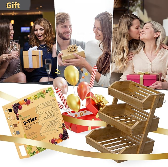 3 Tier Fruit Basket For Counter, Large Capacity Fruit Storage Countertop, Fruit Holder, Wooden Pantry Organizers and Storage, Kitchen Countertop Organizer With Two Banana Hangers (Walnut)