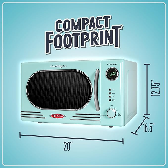 Nostalgia NRMO11AQ6A 1000 Watt Power Retro Countertop Microwave Oven Easy to Clean with Removable Glass Turntable-Child Safety Lock-12 Programs-Digital Clock, 1.1 Cu Ft, Aqua
