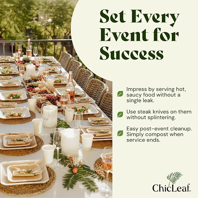 Chic Leaf Compostable Palm Leaf Plates & Cups Set - 10 In & 7 In Pack of 45, Natural - Biodegradable Tableware & Disposable Plates & Cups - Durable Bamboo Utensils, Thanksgiving Dinner