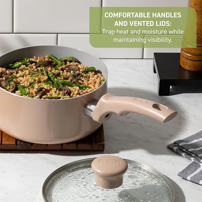 T-Fal Refresh Ceramic Nonstick Cookware Set, 20-Piece, Oven Safe to 350°F, Stockpot, Ceramic Pots and Pans Set, Frying Pans, Griddle, Utensils, Mint Green