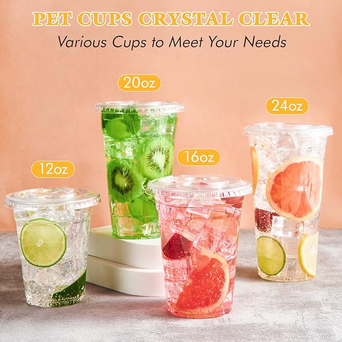 Vplus 200 Pack 12 OZ PET Clear Plastic Cups with Lids, 12 OZ Crystal Cold Disposable Drinking Plastic Cups with Flat Lids, Perfect for Ice Coffee, Smoothie, Juice