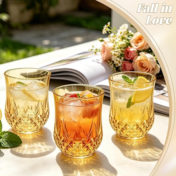 12 Pack Plastic Stemless Wine Glasses,12oz Unbreakable Vintage Elegant Drinking Glass Set,Reusable Fancy Cocktail Cups for Party, Wedding, and Bulk Events (12, 12oz-Gold)