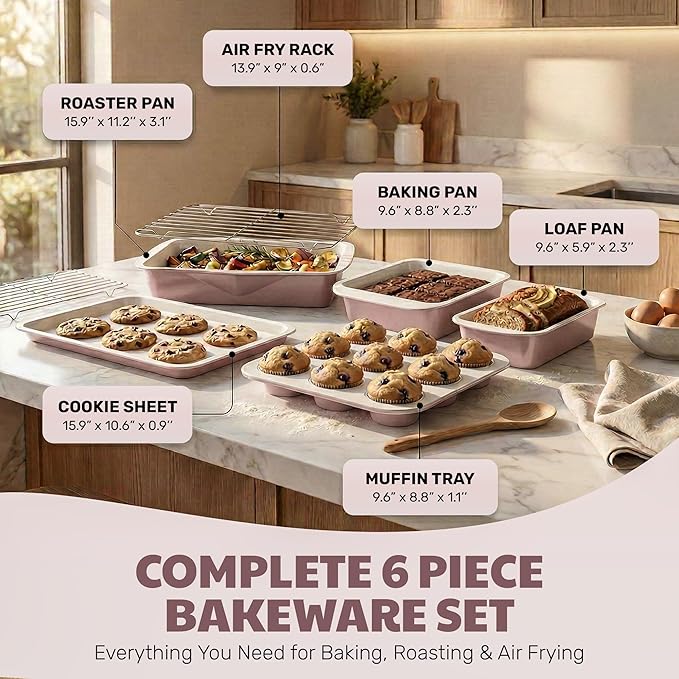 Gotham Steel 6 Pc Stackable Baking Pans Set, 70% Space Saving Design, Ceramic Bakeware Sets Non Toxic Made Without PFOA PFOS, with Baking Sheet Tray, Cake & Muffin Pans, Oven & Dishwasher Safe