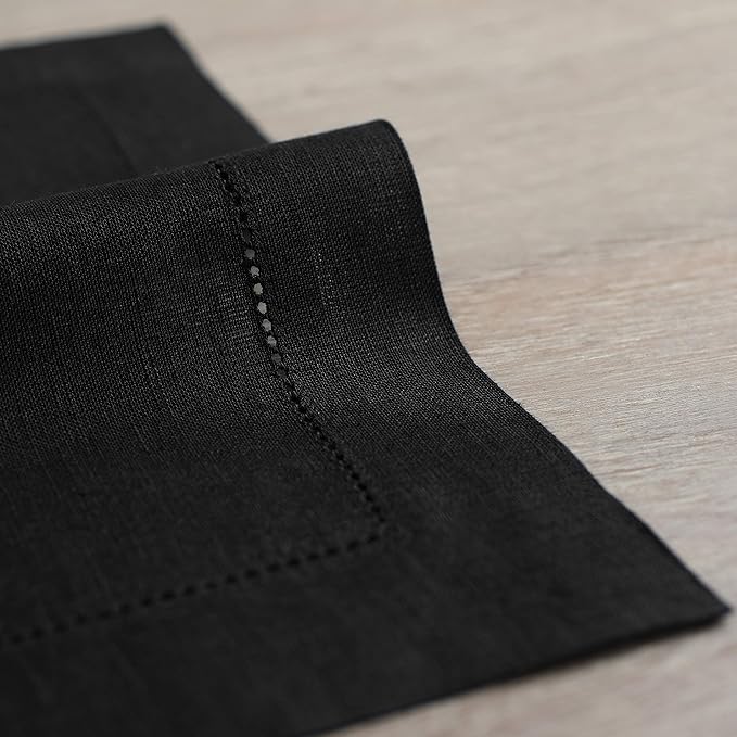 Solino Home Linen Square Placemats Set of 4-100% Pure Linen Black Cloth Placemats 14 x 14 Inch - Classic Hemstitch, Machine Washable Place Mats for Winter, New Year
