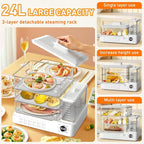 24L/25QT Electric Steamer, 3 Tier Food Steamer, Commercial Stainless Steel Steamer with Detachable Water Tank, Large Capacity Breakfast Machine with Timer, for Home, Restaurant, Party