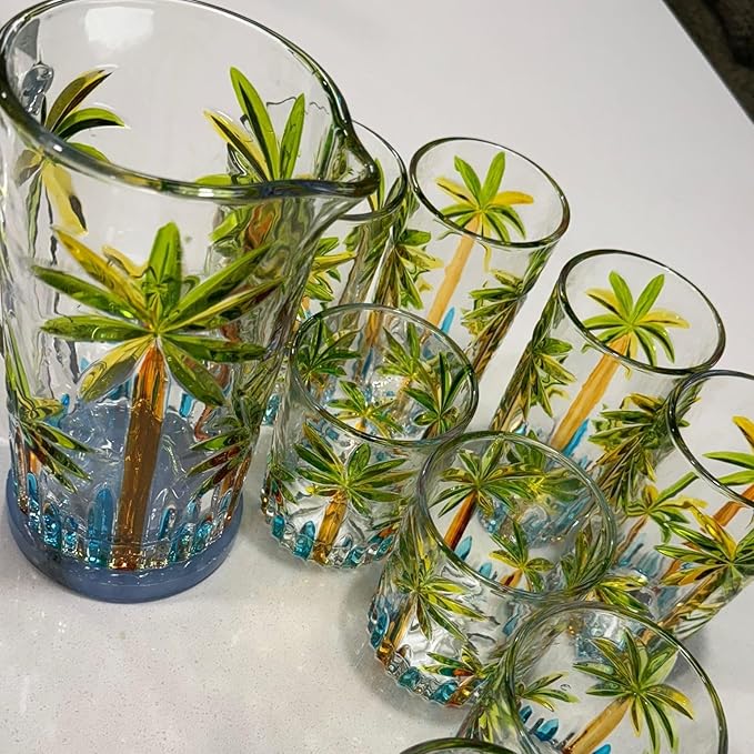 Tropical Summer Glass Jug Caribbean Mix Rum Punch Coconut Tree Pool Party Colorful Design Tiki Bar Engraved Jugs To Pour Into Drinking Glasses Margarita Mojito Martini Whiskey Sour Beach Water Palm