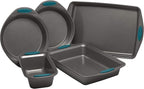Rachael Ray 47021 Nonstick Bakeware Set with Grips includes Nonstick Baking Pans, Baking Sheet and Nonstick Bread Pan - 5 Piece, Gray with Marine Blue Handles