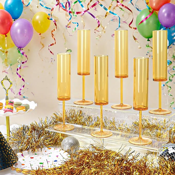 12 PCS Amber Glass Champagne Flutes 5.4 Oz Long Stem Champagne Flutes Plastic Acrylic Champagne Glasses Colored Sparkling Wine Glasses Reusable For Luxury Party Wedding Bar Birthday Use