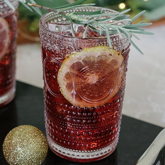 Hobnail Beaded Floral Clear Drinking Glasses Set of 6, (13 oz) Vintage Glassware Set by Kate Aspen| Cocktail Glass Set, Juice Glass, Water Cups | Great Hostess Gift & Gift for New Home Owners