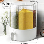 Grain and Rice Storage Container, 6 Grid Grain Dispenser, 360° Rotating 25lb Large Food Dispenser, Rice Dispenser Upgrade 6 Compartment Rotating, Airtight Storage White