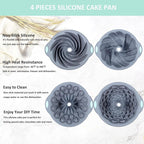Tongjude 4 Pieces Silicone Fluted Cake Pans, 9/10/12 Cups Tube Baking Pan, Silicone Molds for Homemade Cake, Bread and Jello, Non-Stick, Grey