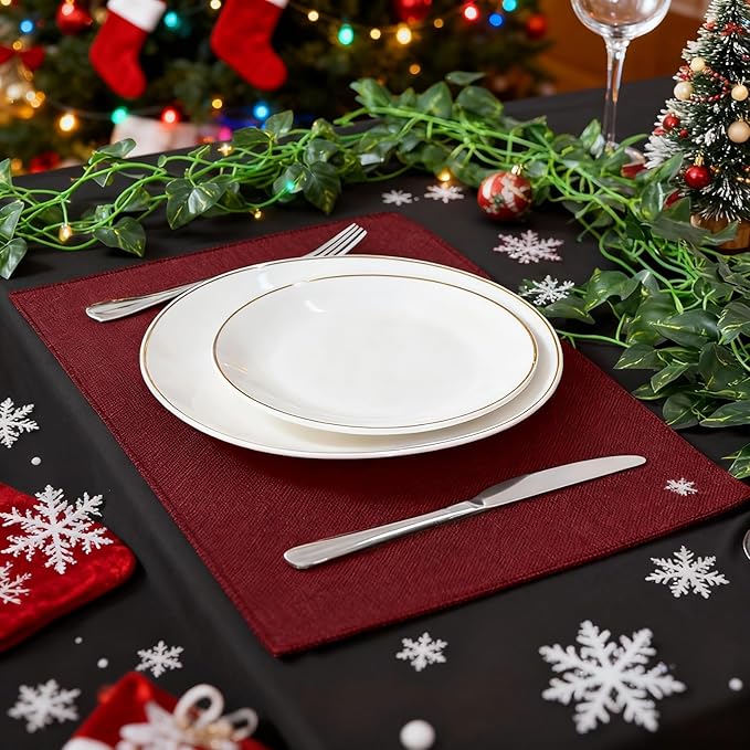 Linen Fabric Placemats Set of 4, Machine Washable, Heat Resistant, Wrinkle Free, Thick Polyester Kitchen Place Mats for Dining Table (Burgundy)