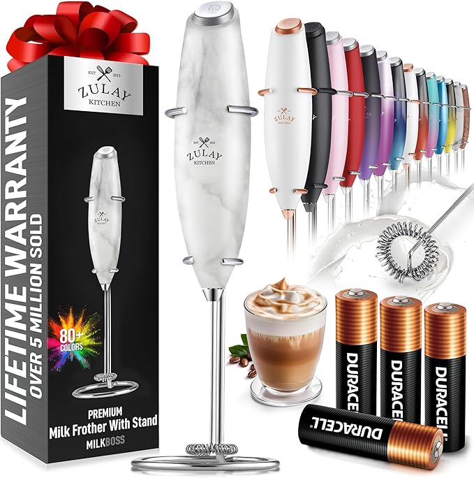Zulay Kitchen Powerful Milk Frother Wand With 4 AA Duracell Batteries - Ultra Fast Handheld Drink Mixer - Electric Whisk Foam Maker for Coffee, Lattes, Cappuccino, Matcha & Creamer - Marble