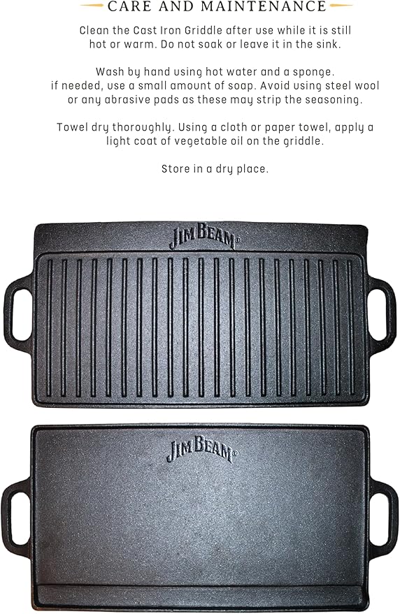 Jim Beam Pre Seasoned Heavy Duty Construction Double Sided Cast Iron Griddle Pan with Superior Heat Retention, 20"x1"x9", Black (JB0168)