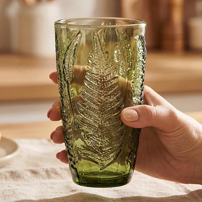 Vintage Green Drinking Glasses Set of 4, 16 oz Handcrafted Glass Tumblers, Heavy Textured Highball Cups, Fern Embossed Antique Colored Glassware, Retro Boho Aesthetic Drinkware, Housewarming Gift Set