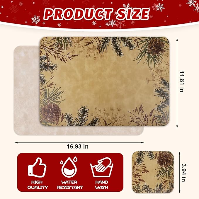 Le courant 16.9in 6PACK Winter Decoration Pinecone Placemats with 6 Coasters, Reversible Faux Leather Easy Clean Waterproof Stain Resistant Place Mats, for Home Party Dining Holiday Table Decor