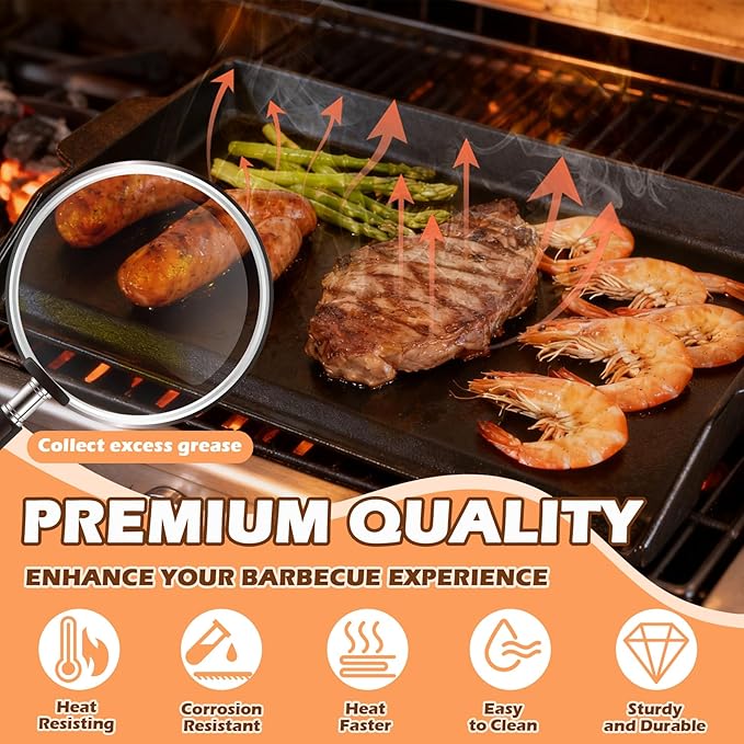 Universal Cast Iron Griddle for Charcoal & Gas Grills and Stove Top, 23" x 16" Stove Top Griddle with Pre-Seasoned Nonstick Coating, Thickened Extra High Sidewalls Grill Plate for Camping and Parties