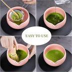 YIBO Matcha Whisk Set Pink, Handcrafted Bamboo Chasen & Ceramic Bowl Matcha Kit, Holder, Stainless Steel Sifter, Scoop Measuring Spoon & Cup Tools for Matcha Tea Ceremony