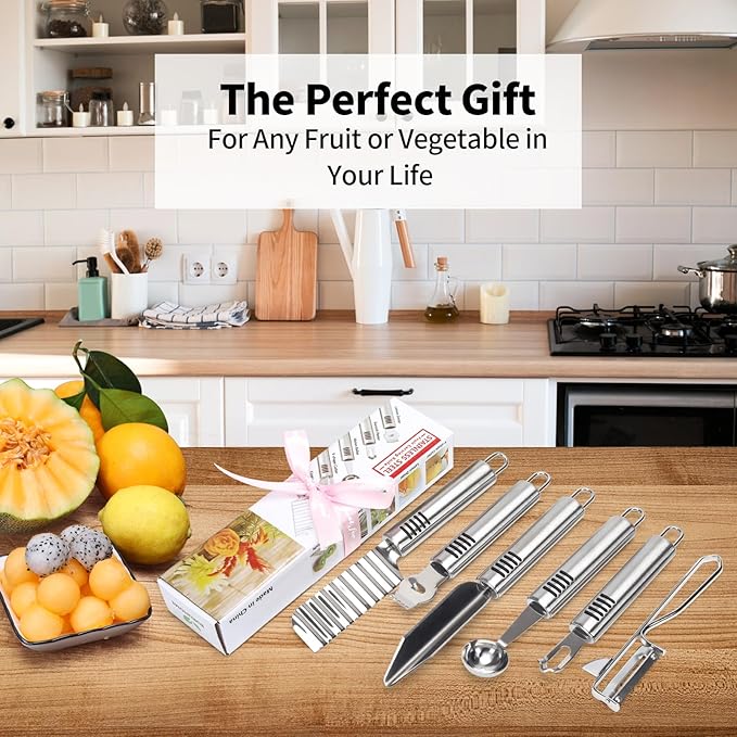 BURLIHOME Stainless Steel Fruit Carving Knife Set, 6 Pack Vegetable Engraving Blades for Kitchen, Melon Baller Scoop,Lemon Zester, Garnish Peeler,Crinkle Knife,V-shape Cutter