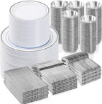 BESTVIP 900PCS Silver Dinnerware Set for 150 Guests, Plastic Plates for Party, 150 Silver Disposable Plates, 150 Dessert Plates, 150 Cups, 150 Spoons, 150 Forks and 150 Knives