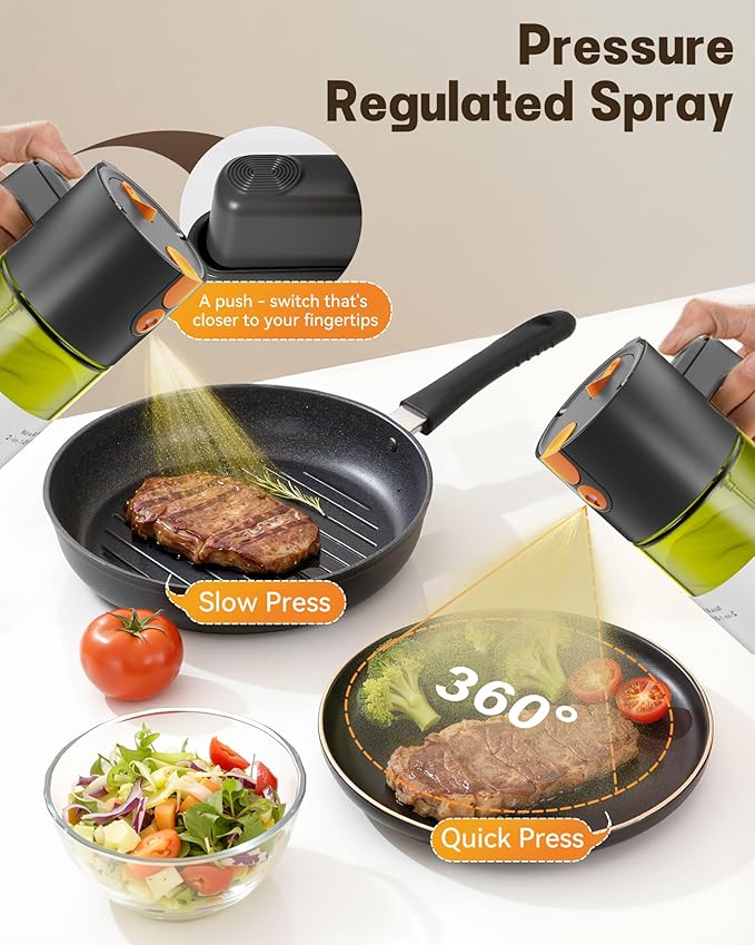 OURCABECUE Upgrade 2 in 1 Oil Sprayer for Cooking, 17oz Light-Blocking Glass Olive Oil Dispenser Bottle for Kitchen (Green+Brown Bottle-Black 2PACK)