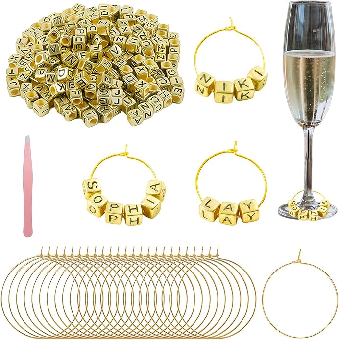 50 Sets Wine Glass Charms, Wine Charms for Stem Glasses, DIY Reusable Drink Markers for Weddings & Bachelorette with Alphabet Beads