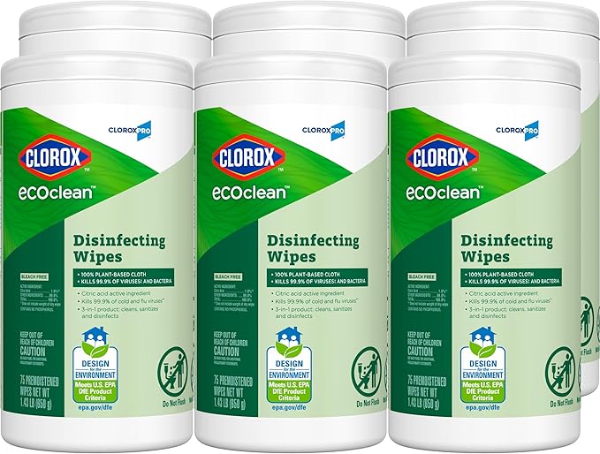 CloroxPro Clorox EcoClean Disinfecting Wipes, Multipurpose 100% Plant Based Cleaning Cloths, Antibacterial Disinfectant, Safe for Multi Surface Use, 75 Count (Pack of 6)