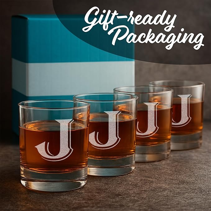On The Rox (J-Monogram)- 4 Piece Set of 11 Ounce Engraved Heavy Base Rocks Glasses- Quality Elegant Glass-Multi-Purpose Beverage-Rocks Glass- Gift for any Occasion Drinks