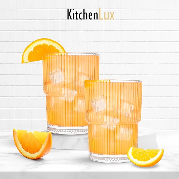 Kitchen Lux Ribbed Drinking Glasses - Ribbed Glass Cups 15 oz - Ribbed Glassware Set of 6 - Textured Vintage Retro Ripple Aesthetic Glass Ware for Whiskey Cocktail Beer Water, Coffee Bar Accessories